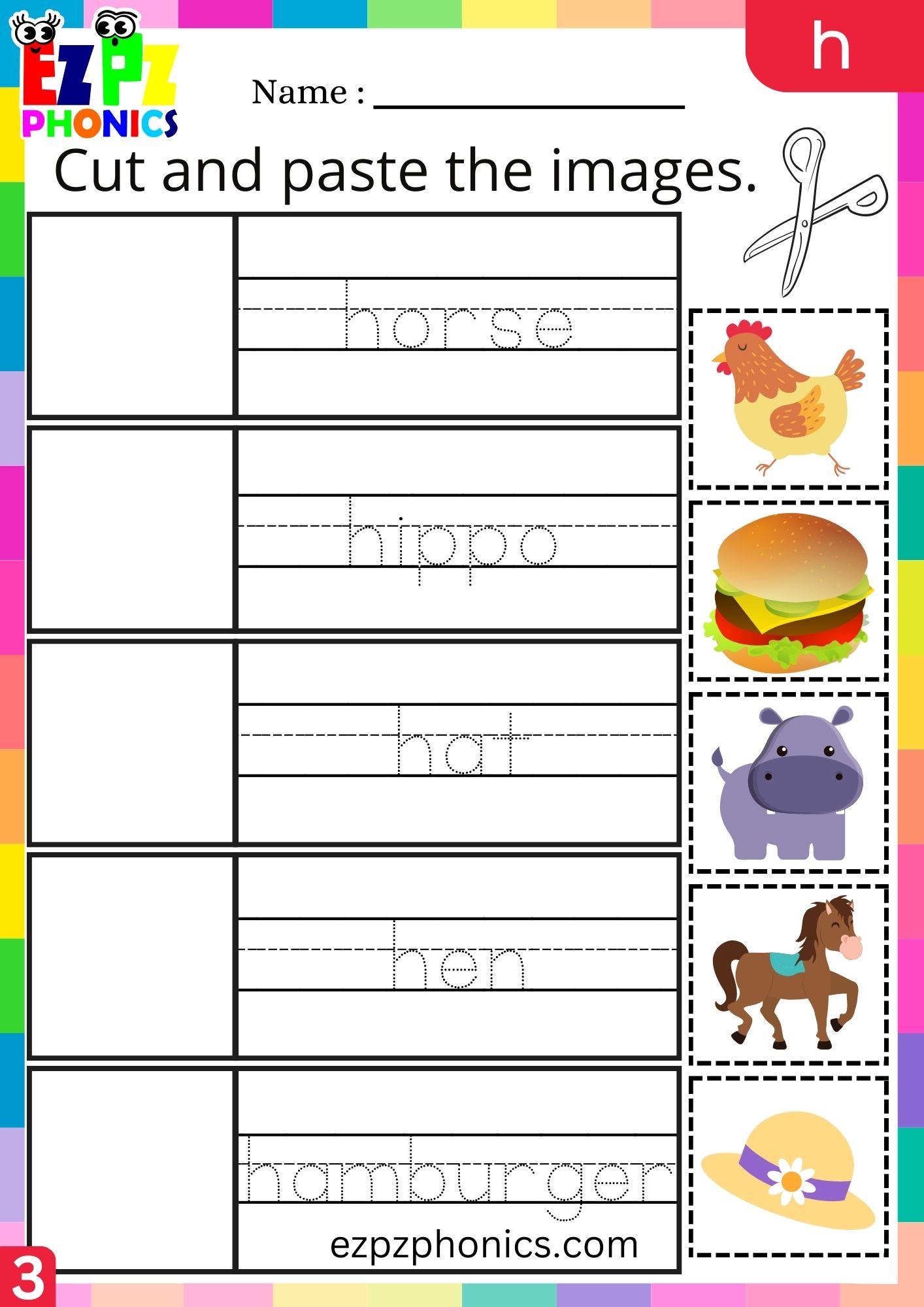 Letter h Cut and Paste the Images Phonics Activity Group 3